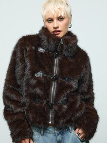 COUREZ Faux Fur Duffle Coat /Y2K Jackets For Women Black Jacket Fall Long Sleeve Fluffy Coat Winter Clothes Fall Jacket - Brown - View 2