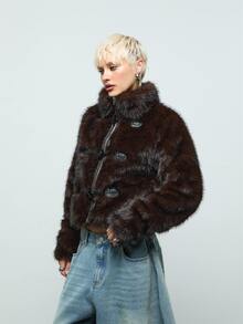 COUREZ Faux Fur Duffle Coat /Y2K Jackets For Women Black Jacket Fall Long Sleeve Fluffy Coat Winter Clothes Fall Jacket - Brown - View 4