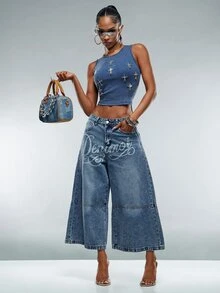 Denimoi Top de tirantes con adornos de strass cruzados, top acanalado lavado, moda streetwear, atuendos para conciertos, Y2K - Neblina azul - Ver 3