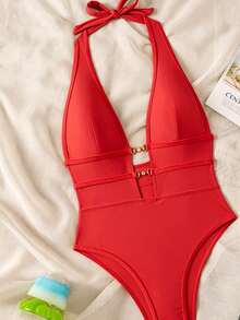 Swim SXY بدلة سباحة نسائية قطعة واحدة سوداء بياقة عميقة على شكل حرف V وربطة رقبة مثيرة بوهيمية للمهرجانات وعطلة الربيع - الأحمر - مشاهدة 3