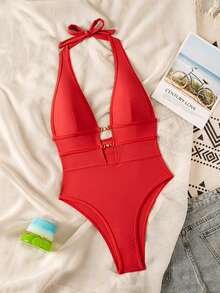 Swim SXY بدلة سباحة نسائية قطعة واحدة سوداء بياقة عميقة على شكل حرف V وربطة رقبة مثيرة بوهيمية للمهرجانات وعطلة الربيع - الأحمر - مشاهدة 4