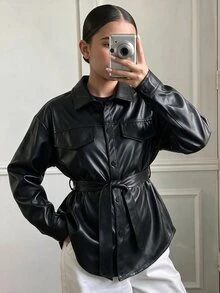 SHEIN جاكيت شيرت للبنات المراهقات من جلد صناعي أسود بحزام وأزرار وأكمام طويلة معطف عصري - الأسود - مشاهدة 2