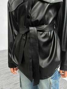SHEIN جاكيت شيرت للبنات المراهقات من جلد صناعي أسود بحزام وأزرار وأكمام طويلة معطف عصري - الأسود - مشاهدة 9