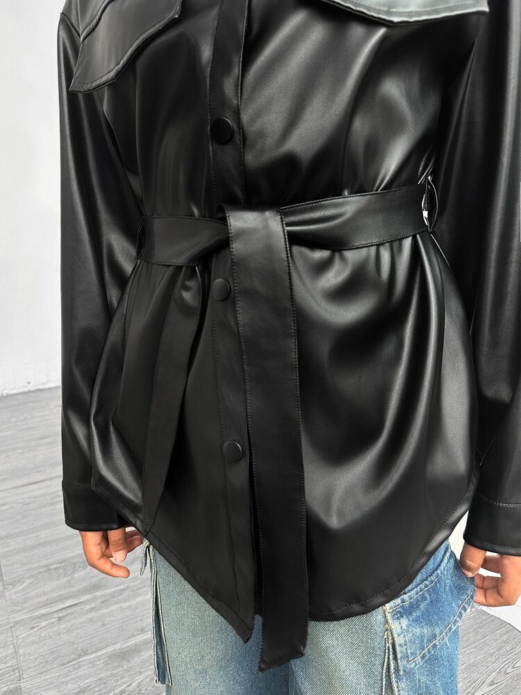 SHEIN Tween Girls PU Leather Jacket Black Belted Button Up Long Sleeve Shacket Fashion Coat - Black - View 8