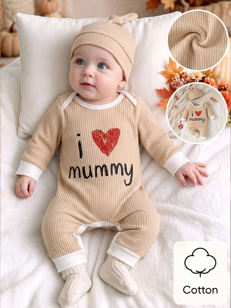 SHEIN 2Pcs Baby Cute Set, Ribbed Long‑Sleeve Romper With Letter & Heart Print, Matching Knotted Beanie Hat, For Photo & Daily Occasions, Spring & Fall - Khaki - View 1