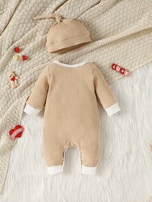 SHEIN 2Pcs Baby Cute Set, Ribbed Long‑Sleeve Romper With Letter & Heart Print, Matching Knotted Beanie Hat, For Photo & Daily Occasions, Spring & Fall - Khaki - View 2