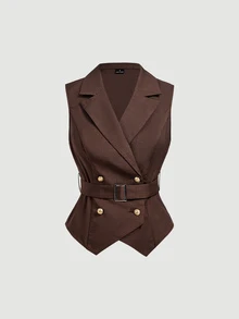 SHEIN MOD 女款純色缺口領休閒百搭日常穿著西裝背心 - 棕色 - 查看 4