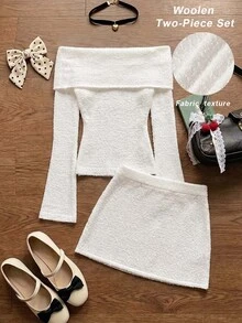 SHEIN MOD Women's Solid Color Off-Shoulder Long Sleeve Top And Mini Skirt Knit 2-Piece Set - White - View 1