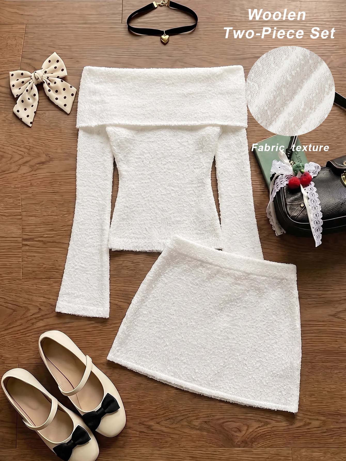 SHEIN MOD Women's Solid Color Off-Shoulder Long Sleeve Top And Mini Skirt Knit 2-Piece Set - White - View 1
