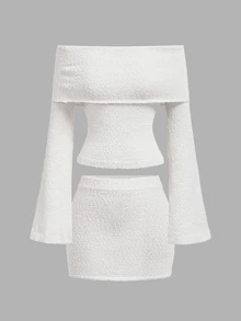 SHEIN MOD Women's Solid Color Off-Shoulder Long Sleeve Top And Mini Skirt Knit 2-Piece Set - White - View 8