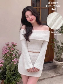SHEIN MOD Women's Solid Color Off-Shoulder Long Sleeve Top And Mini Skirt Knit 2-Piece Set - White - View 7