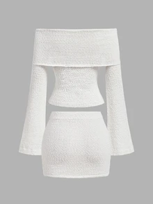 SHEIN MOD Women's Solid Color Off-Shoulder Long Sleeve Top And Mini Skirt Knit 2-Piece Set - White - View 3