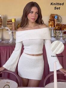 SHEIN MOD Women's Solid Color Off-Shoulder Long Sleeve Top And Mini Skirt Knit 2-Piece Set - White - View 2