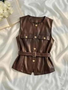 SHEIN MOD Women's Solid Color PU Leather Single-Breasted Thin Blazer Vest,Western Outfits, Fall Clothes ,Country , Cowgirl Outfits ,Western Outfits,Halloween - Brown - View 1
