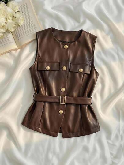 SHEIN MOD Women's Solid Color PU Leather Single-Breasted Thin Blazer Vest,Western Outfits, Fall Clothes ,Country , Cowgirl Outfits ,Western Outfits,Halloween