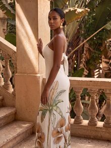 CAJUNI Chic Vacation Tropical Illustration Jersey Knit Midi Dress - Multicolor - View 4