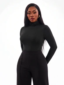 Radiana Plus Size Solid Color Slim Fit High-Necked Long Sleeve All-Match T-Shirt Basic Tees Fall - Black - View 6