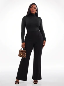 Radiana Plus Size Solid Color Slim Fit High-Necked Long Sleeve All-Match T-Shirt Basic Tees Fall - Black - View 1