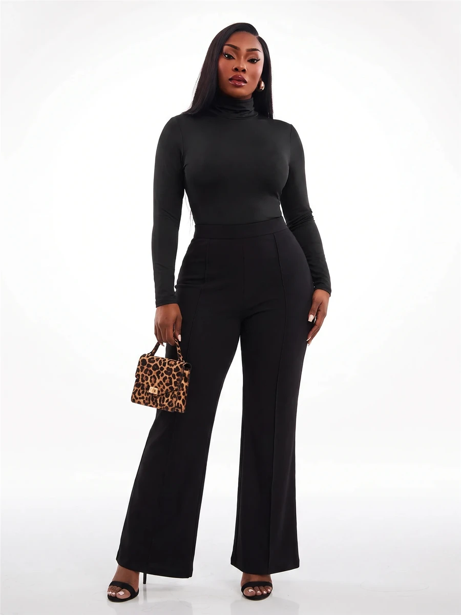 Radiana Plus Size Solid Color Slim Fit High-Necked Long Sleeve All-Match T-Shirt Basic Tees Fall - Black - View 1