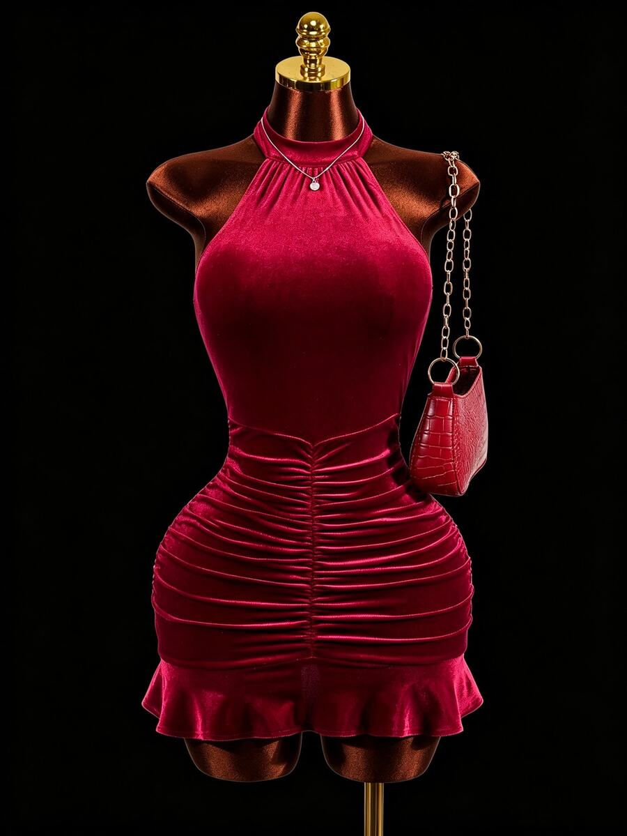 Mistrie Women's Solid Color Elegant Halter Neck Velvet Pleated Dress - Burgundy - View 1