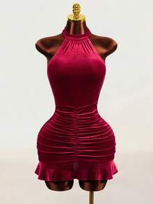 Mistrie Women's Solid Color Elegant Halter Neck Velvet Pleated Dress - Burgundy - View 4