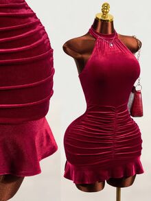 Mistrie Women's Solid Color Elegant Halter Neck Velvet Pleated Dress - Burgundy - View 7