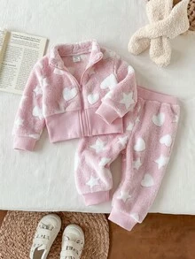 SHEIN Playful Pals 6個月至9歲女嬰秋季休閒風2件套波點抓絨外套褲裝，卡其米色印花蓬蓬夾克外套 - 粉色 - 查看 1