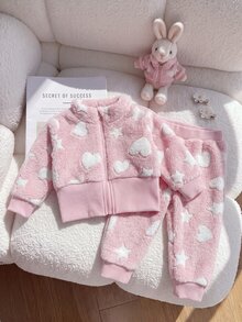 SHEIN Playful Pals 6個月至9歲女嬰秋季休閒風2件套波點抓絨外套褲裝，卡其米色印花蓬蓬夾克外套 - 粉色 - 查看 3