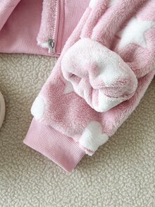 SHEIN Playful Pals 6個月至9歲女嬰秋季休閒風2件套波點抓絨外套褲裝，卡其米色印花蓬蓬夾克外套 - 粉色 - 查看 8