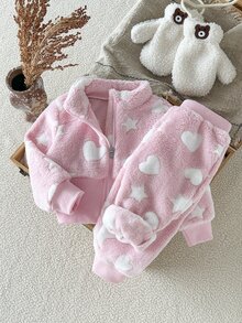 SHEIN Playful Pals 6個月至9歲女嬰秋季休閒風2件套波點抓絨外套褲裝，卡其米色印花蓬蓬夾克外套 - 粉色 - 查看 5