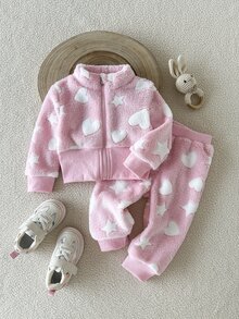 SHEIN Playful Pals 6個月至9歲女嬰秋季休閒風2件套波點抓絨外套褲裝，卡其米色印花蓬蓬夾克外套 - 粉色 - 查看 4