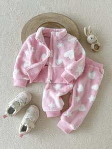 SHEIN Playful Pals 6個月至9歲女嬰秋季休閒風2件套波點抓絨外套褲裝，卡其米色印花蓬蓬夾克外套 - 粉色 - 查看 6