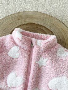 SHEIN Playful Pals 6個月至9歲女嬰秋季休閒風2件套波點抓絨外套褲裝，卡其米色印花蓬蓬夾克外套 - 粉色 - 查看 7