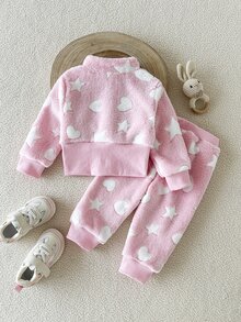 SHEIN Playful Pals 6個月至9歲女嬰秋季休閒風2件套波點抓絨外套褲裝，卡其米色印花蓬蓬夾克外套 - 粉色 - 查看 2