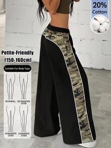 SHEIN PETITE 女款側邊拼接迷彩印花寬腿褲,夏季寬鬆運動褲,休閒日常穿著,畢業季,女教師,返校季,小碼 - 黑色 - 查看 16