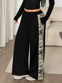 SHEIN PETITE 女款側邊拼接迷彩印花寬腿褲,夏季寬鬆運動褲,休閒日常穿著,畢業季,女教師,返校季,小碼 - 黑色 - 查看 5