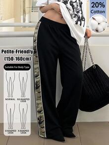 SHEIN PETITE 女款側邊拼接迷彩印花寬腿褲,夏季寬鬆運動褲,休閒日常穿著,畢業季,女教師,返校季,小碼 - 黑色 - 查看 2