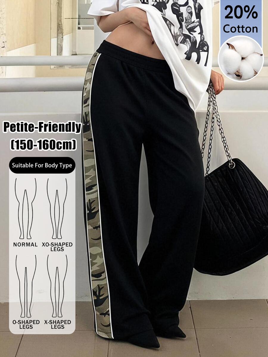 SHEIN PETITE 女款側邊拼接迷彩印花寬腿褲，夏季寬鬆運動褲，休閒日常穿著，畢業季，女教師，返校季，小碼