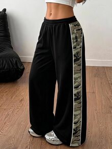 SHEIN PETITE 女款側邊拼接迷彩印花寬腿褲,夏季寬鬆運動褲,休閒日常穿著,畢業季,女教師,返校季,小碼 - 黑色 - 查看 14