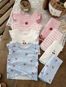 SHEIN 8件組 0-3歲女嬰粉色與白色夏季可愛家庭套裝 休閒素色針織不對稱羅紋背心T恤上衣與短褲套組 - 彩色 - 查看 6