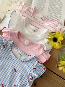 SHEIN 8件組 0-3歲女嬰粉色與白色夏季可愛家庭套裝 休閒素色針織不對稱羅紋背心T恤上衣與短褲套組 - 彩色 - 查看 7