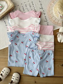 SHEIN 8件組 0-3歲女嬰粉色與白色夏季可愛家庭套裝 休閒素色針織不對稱羅紋背心T恤上衣與短褲套組 - 彩色 - 查看 3