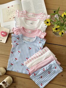 SHEIN 8件組 0-3歲女嬰粉色與白色夏季可愛家庭套裝 休閒素色針織不對稱羅紋背心T恤上衣與短褲套組 - 彩色 - 查看 5