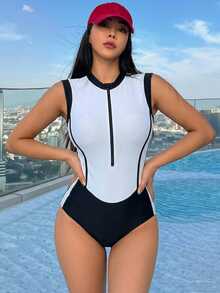 DAZY Women's Colorblock Long Sleeve One-Piece Athletic Casual Modest Swimsuit Beach Outfits White And Black Summer - Black and White - View 5
