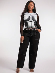 Radiana Plus Size Body Morph Figure Graphic Contrast Mesh Tee New Concert Party Sexy Sexy Club Long Sleeve Birthday Valentine Day Bachelorette Party Spring - Black and White - View 3