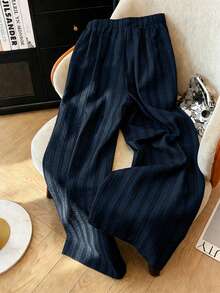EMERY ROSE Plus Size Women's Casual Lazy Vacation Drape Slimming Versatile Striped Elastic Waist Drawstring Wide Leg Pants - Multicolor - View 2