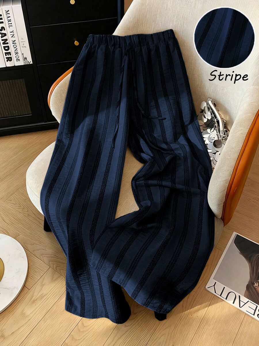 EMERY ROSE Plus Size Women's Casual Lazy Vacation Drape Slimming Versatile Striped Elastic Waist Drawstring Wide Leg Pants - Multicolor - View 1