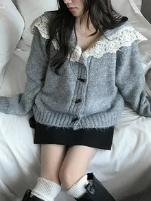 DAZY Women's Lace Patchwork Long Sleeve Autumn/Winter Sweater - Grey - View 2