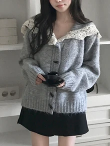 DAZY Women's Lace Patchwork Long Sleeve Autumn/Winter Sweater - Grey - View 5