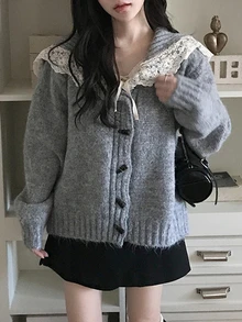 DAZY Women's Lace Patchwork Long Sleeve Autumn/Winter Sweater - Grey - View 3